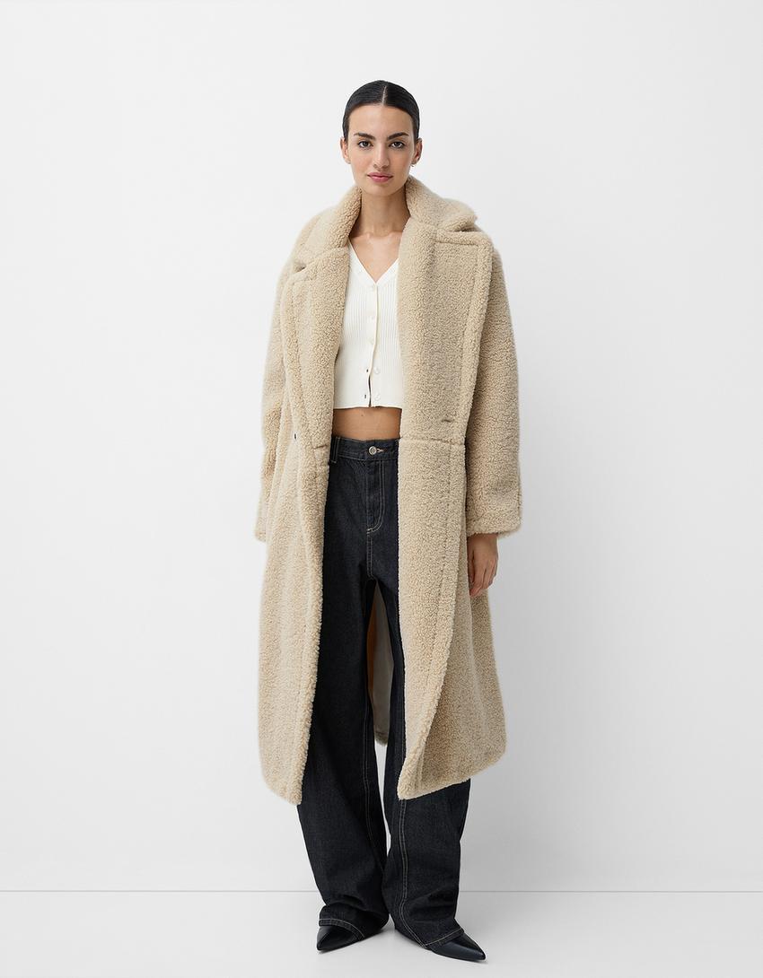 Damen Teddy-Langmantel mit Reverskragen