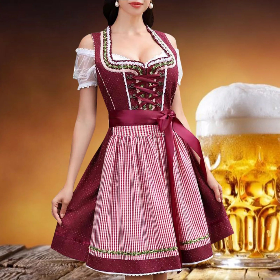 Oktoberfest Dirndlkleid für Damen mit Blumenborte und Karoschürze