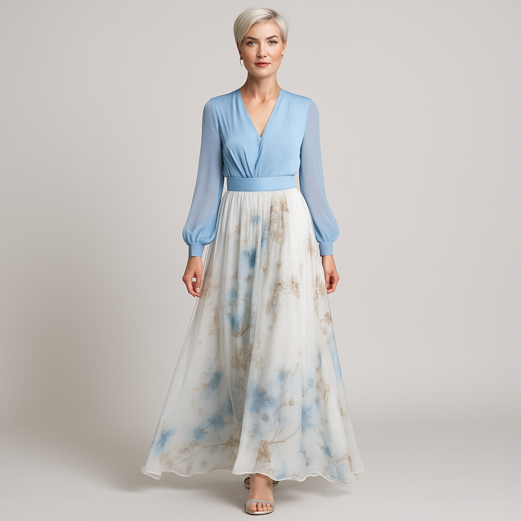 Chiffonkleid mit langen Ärmeln und plissiertem rock