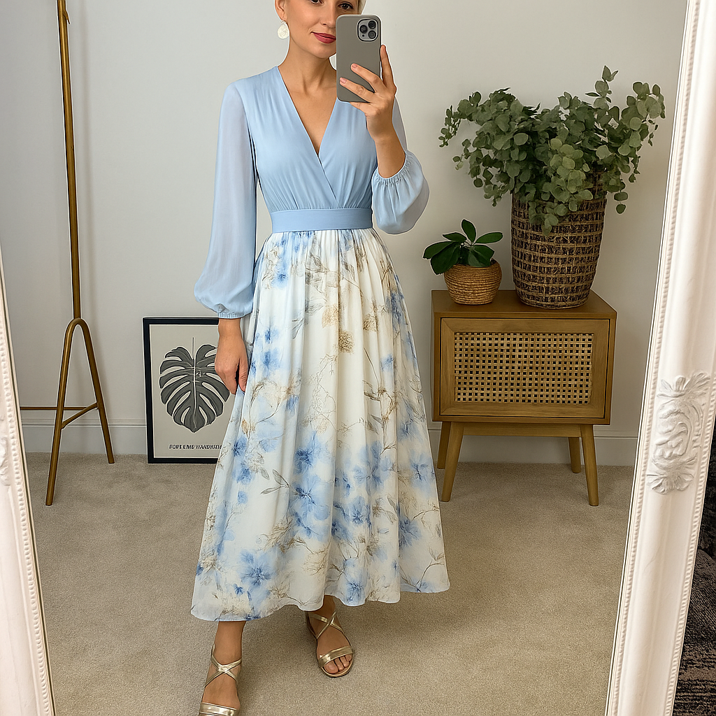 Chiffonkleid mit langen Ärmeln und plissiertem rock