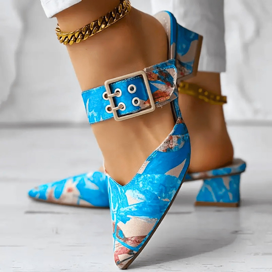 Modische Damen-Mules mit Blockabsatz und floralem Muster