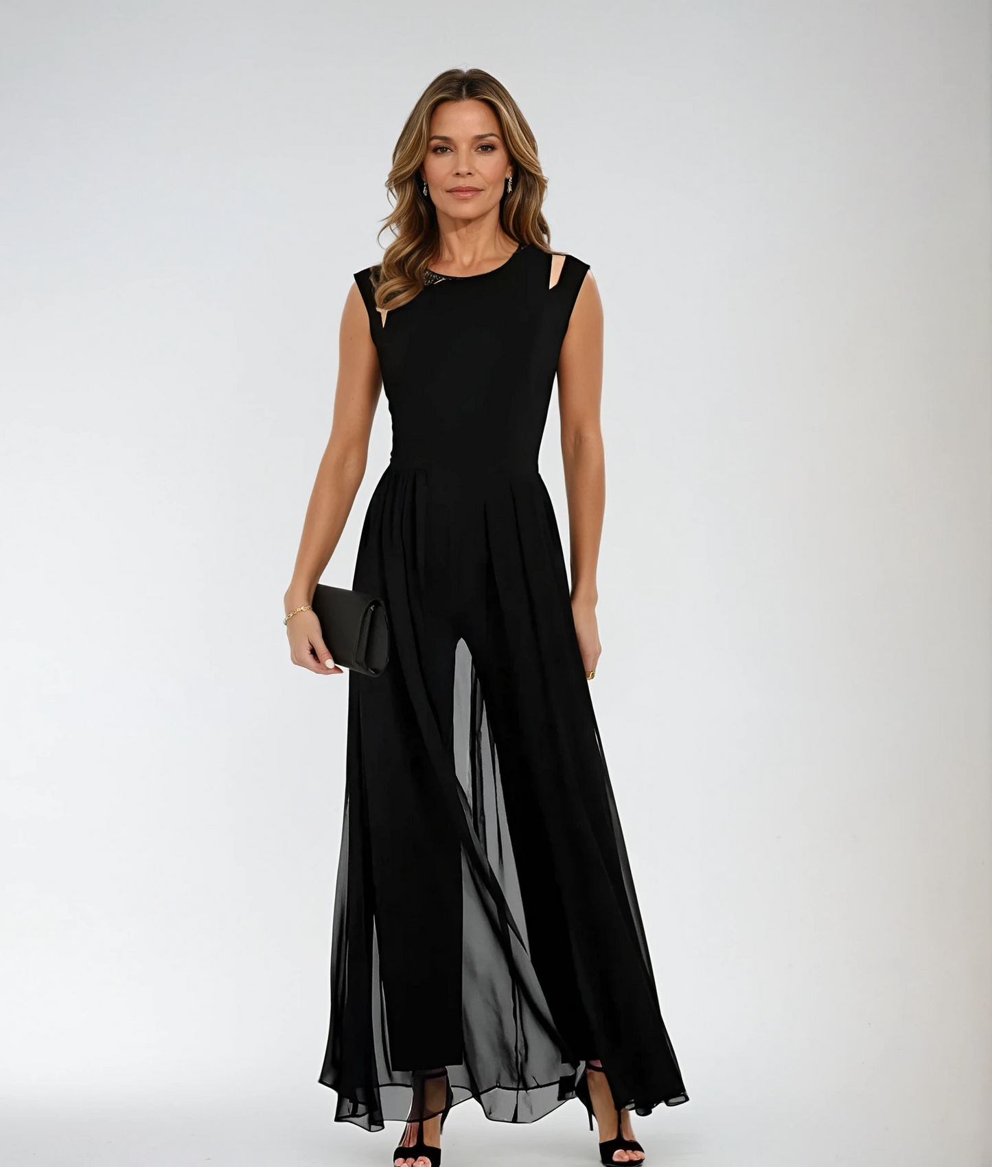 Abendkleid mit chiffonüberrock und rundhalsausschnitt