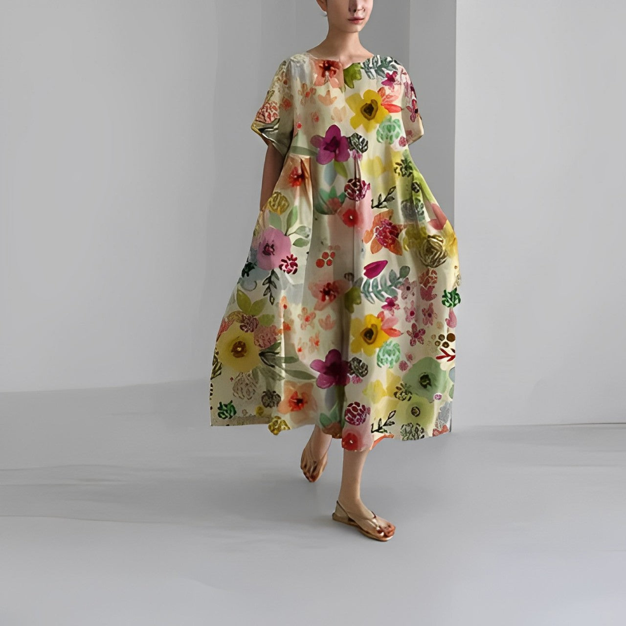 Lockeres midikleid mit rundhalsausschnitt und blumenprint