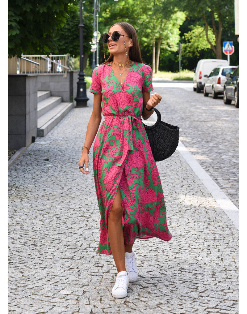 Kurzärmliges Maxikleid mit Gürtel und floralem Print