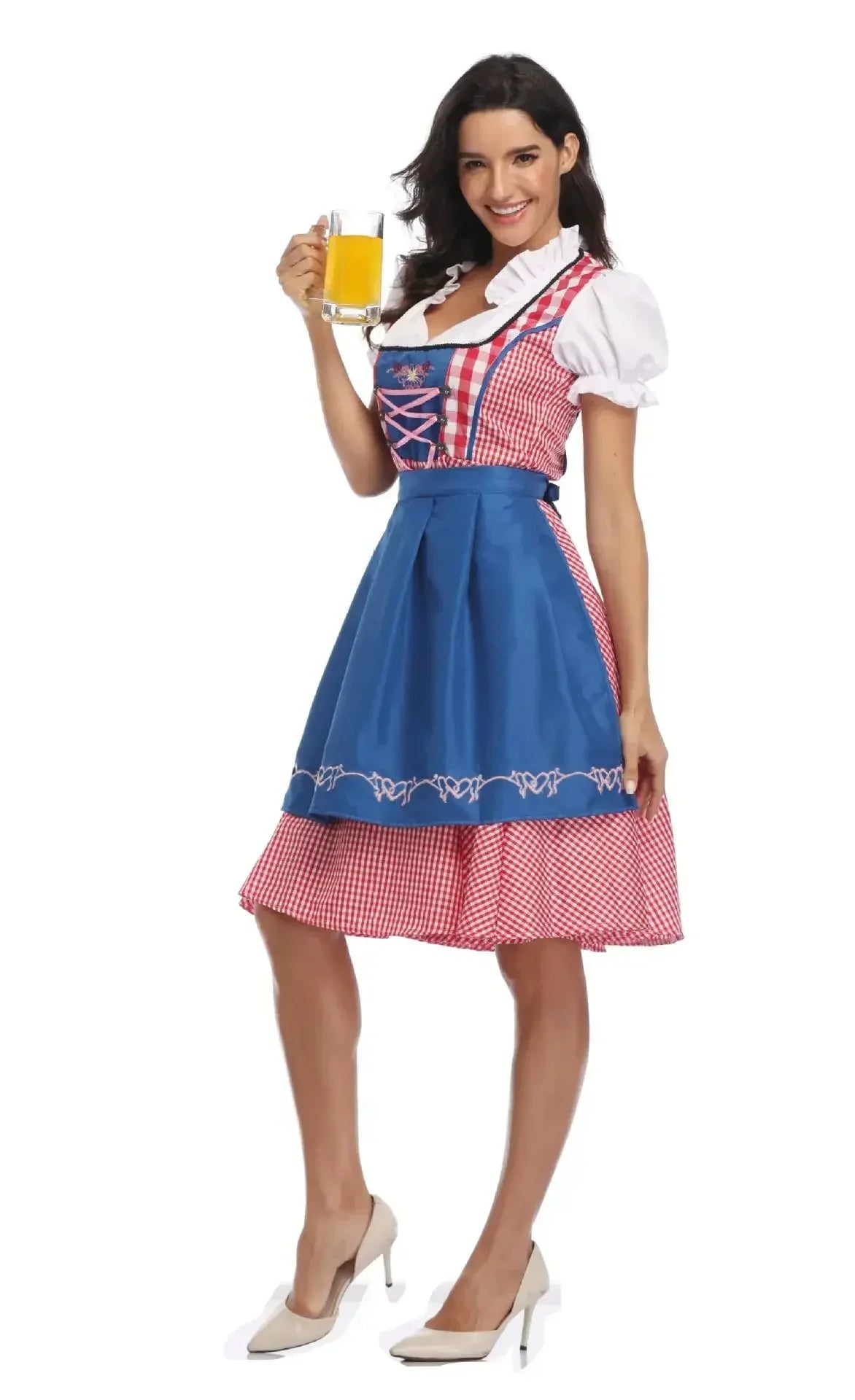 Oktoberfest Dirndlkleid für Damen mit rotem Karomuster und grüner Schürze