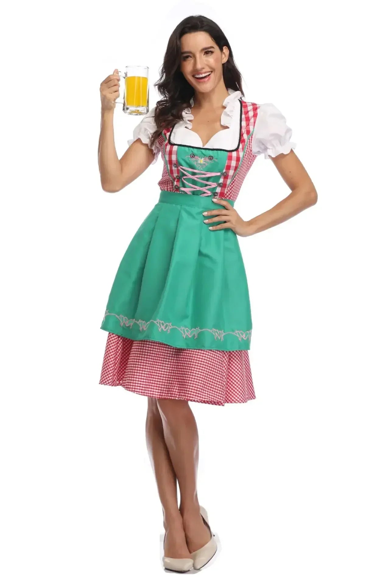 Oktoberfest Dirndlkleid für Damen mit rotem Karomuster und grüner Schürze
