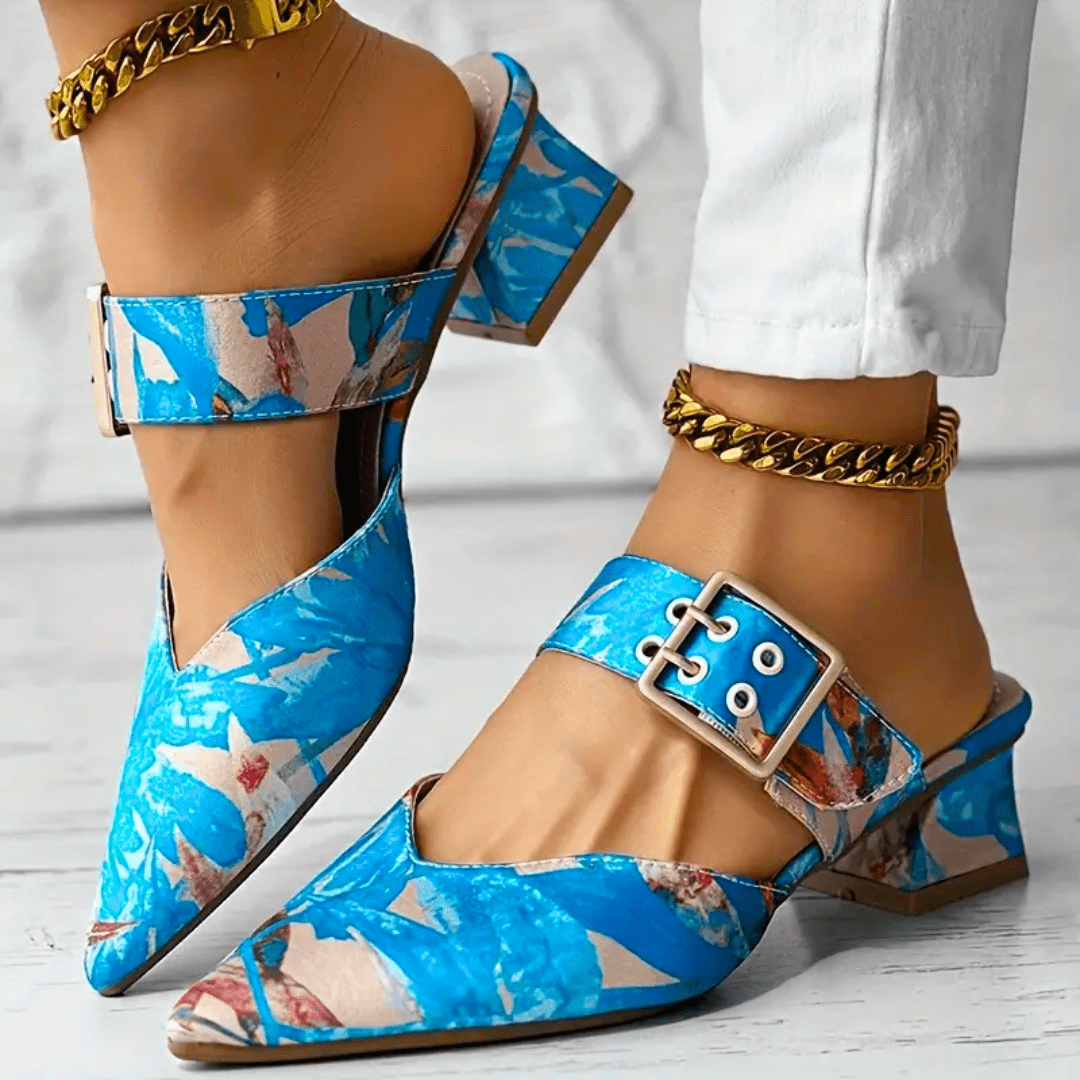 Modische Damen-Mules mit Blockabsatz und floralem Muster