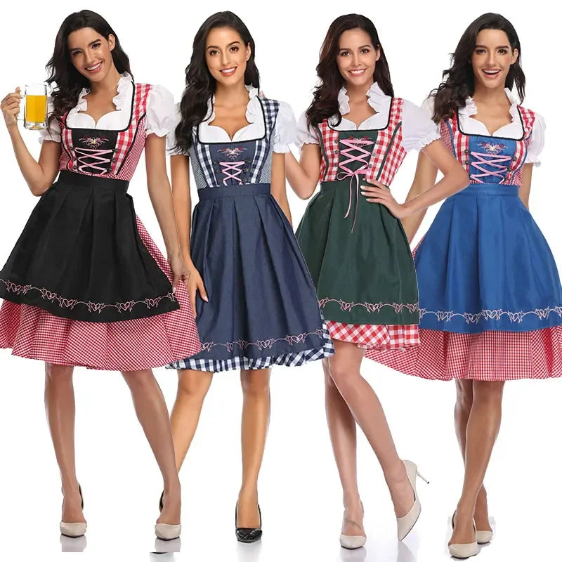 Oktoberfest Dirndlkleid für Damen mit rotem Karomuster und grüner Schürze