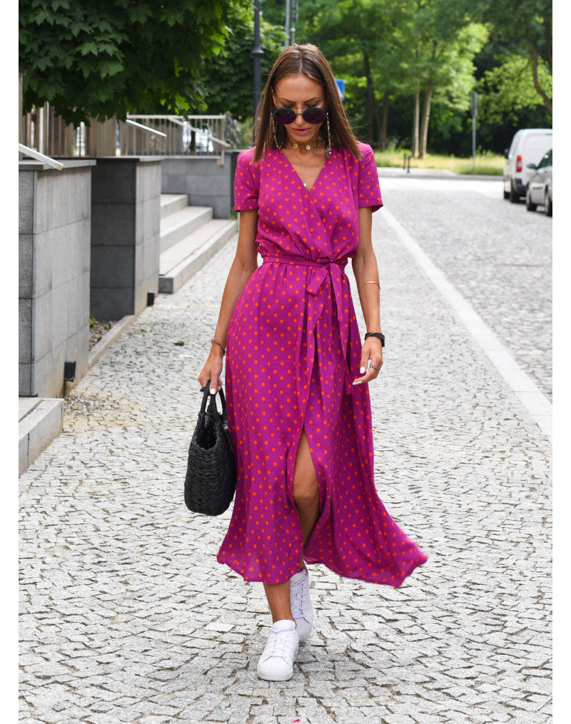 Kurzärmliges Maxikleid mit Gürtel und floralem Print