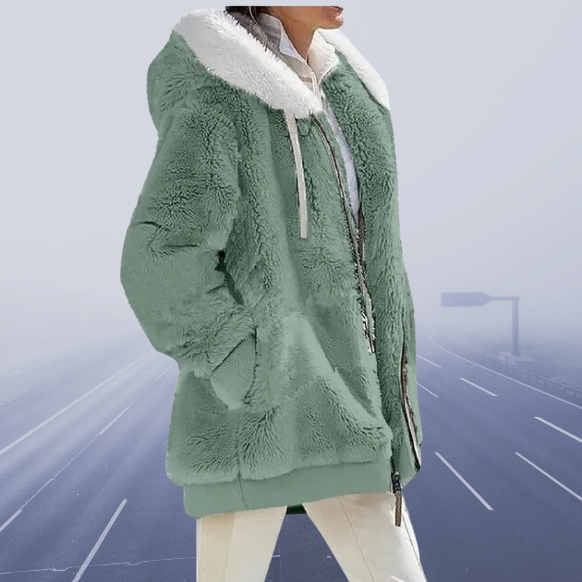 Helena - Damen Teddyjacke mit Kapuze und Fellkragen