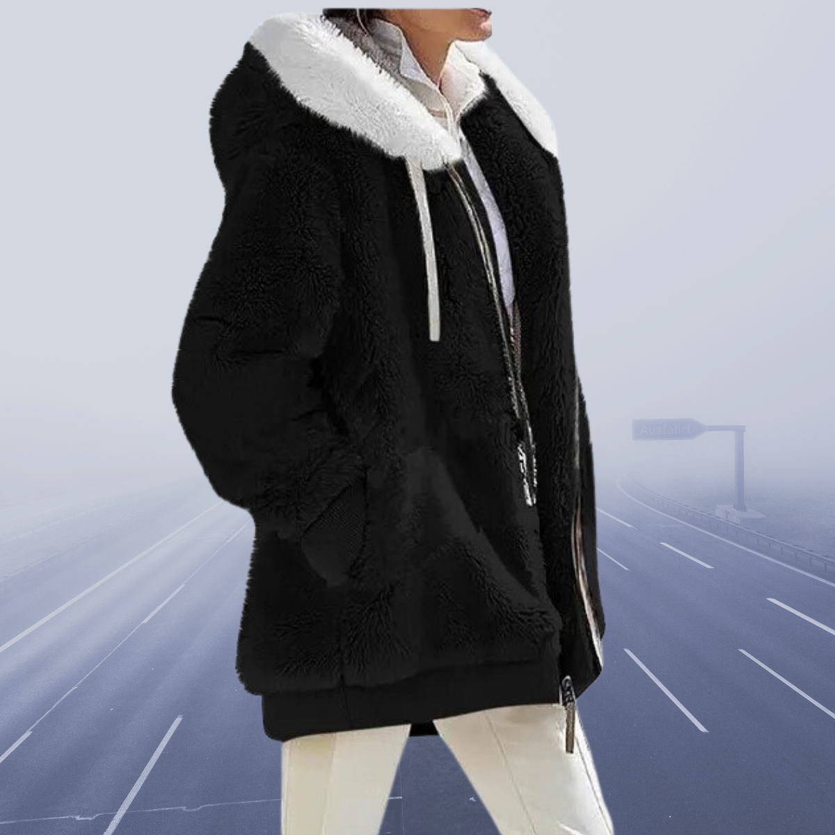 Helena - Damen Teddyjacke mit Kapuze und Fellkragen