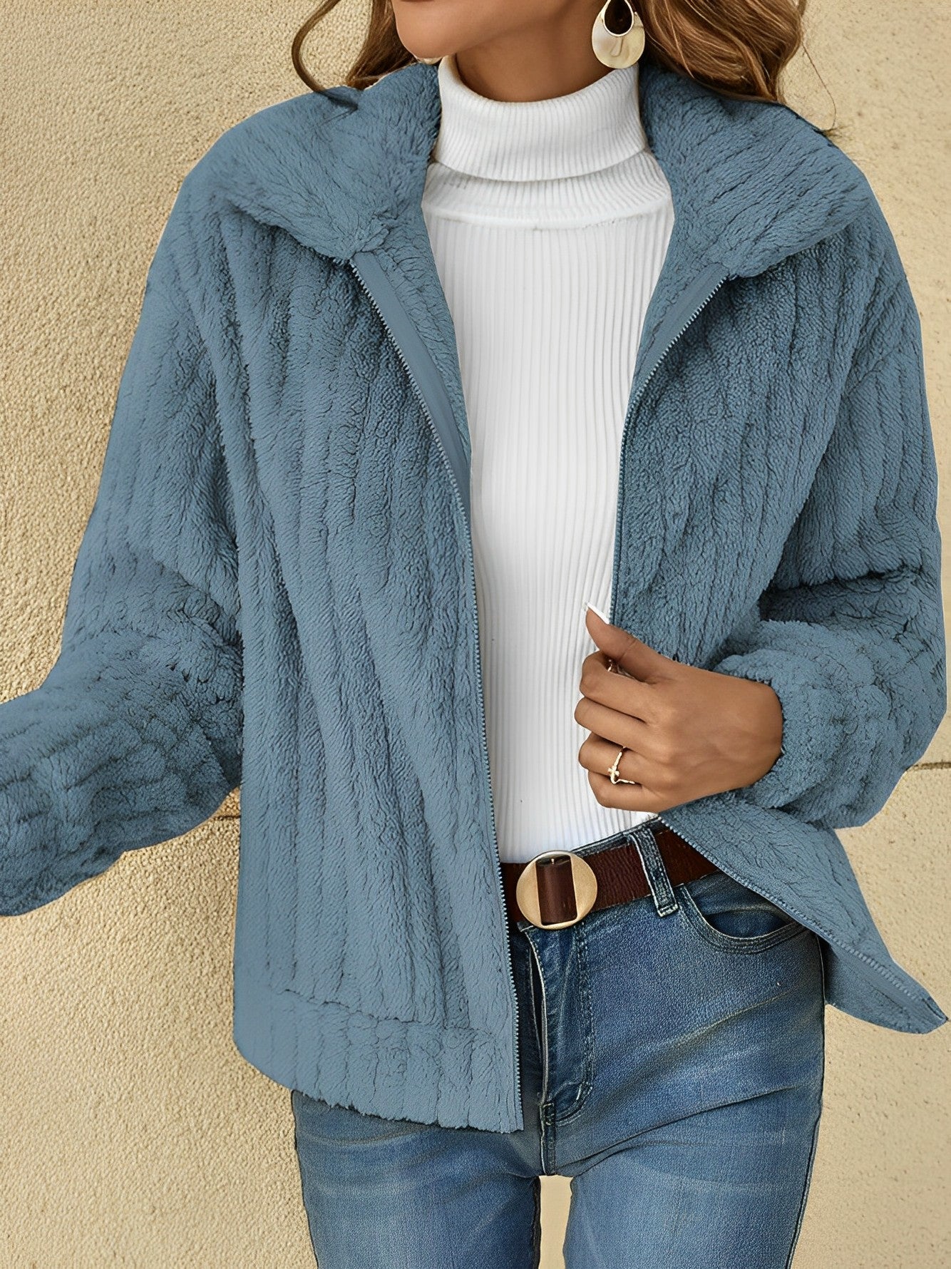 Damen Strukturiertes Zip-Up-Jacke mit lockerer Passform