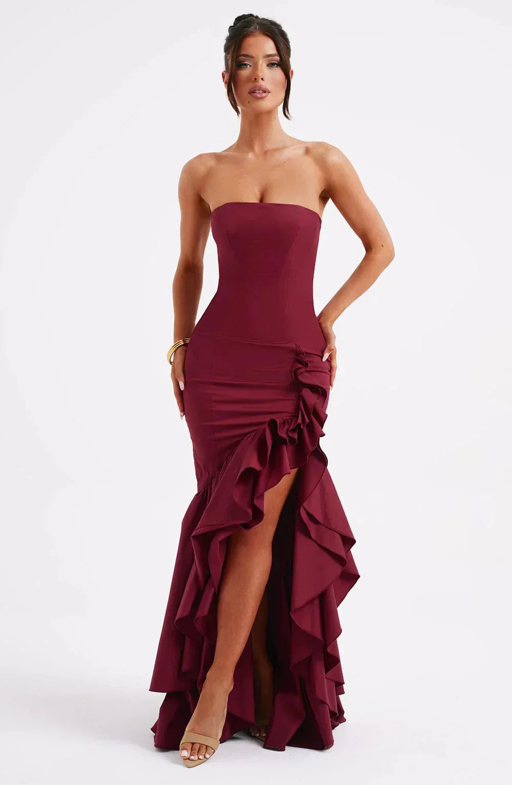 Schulterfreies Rüschenkleid mit floralem Muster