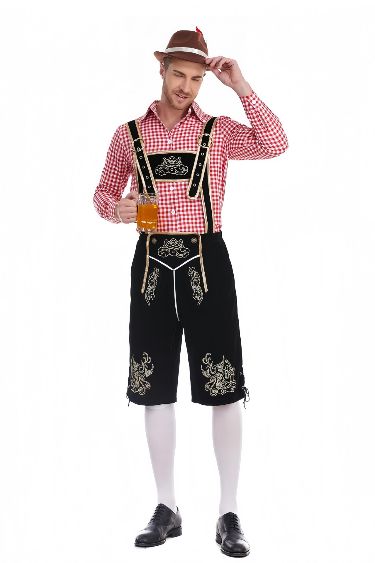 Oktoberfest Herren-Lederhosenset mit rotkariertem Hemd