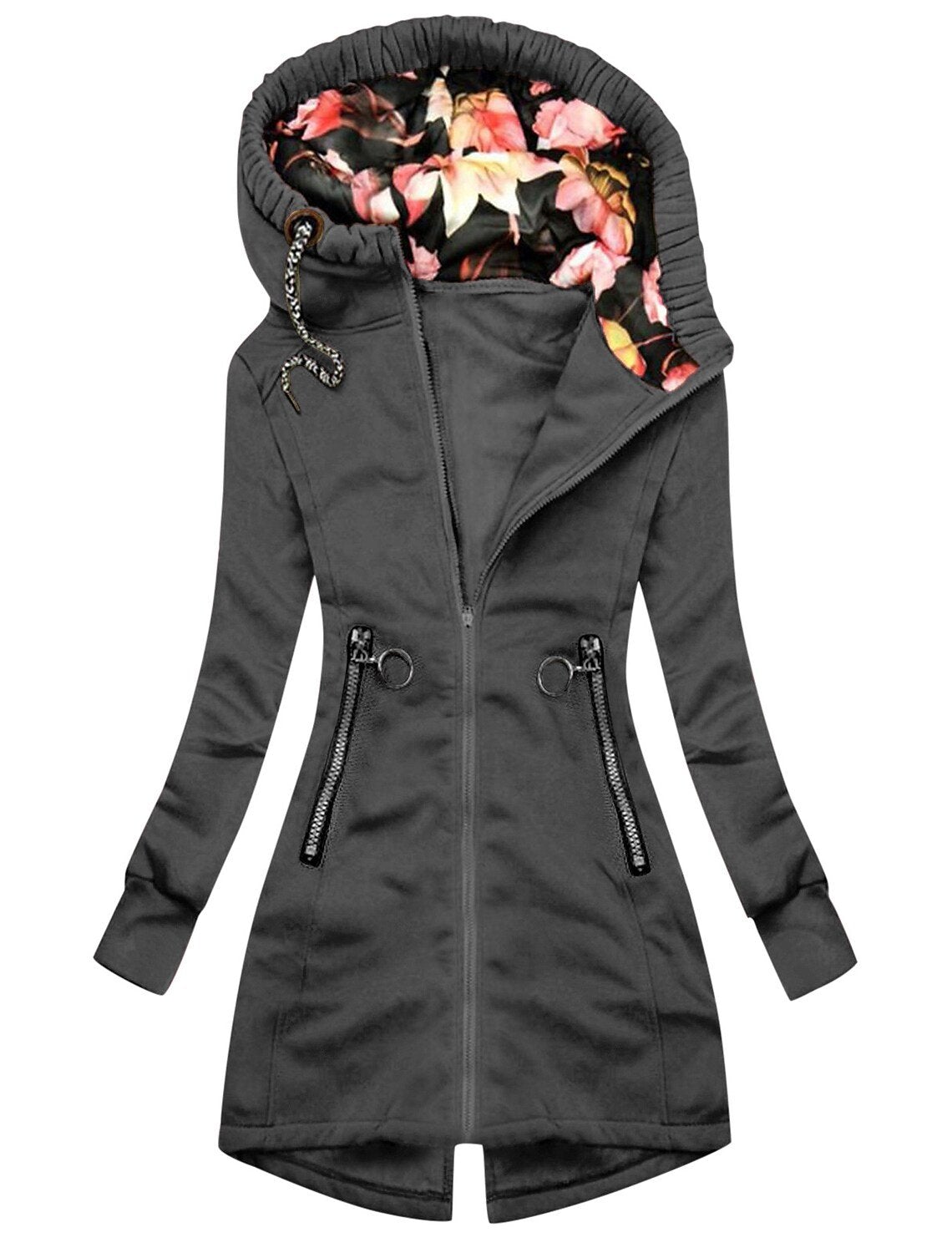 Damen-Langjacke mit Kapuze und Blumenfutter