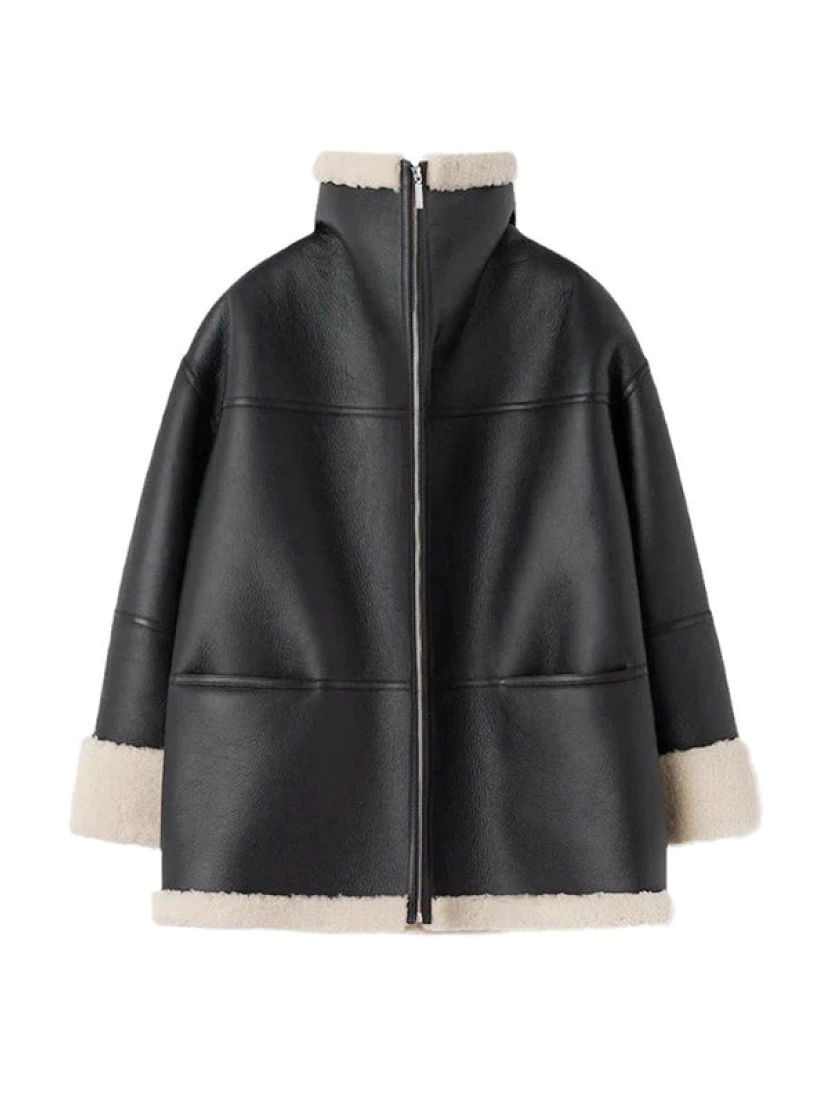 Übergroße Damen-Aviatorjacke mit Lammfellfutter