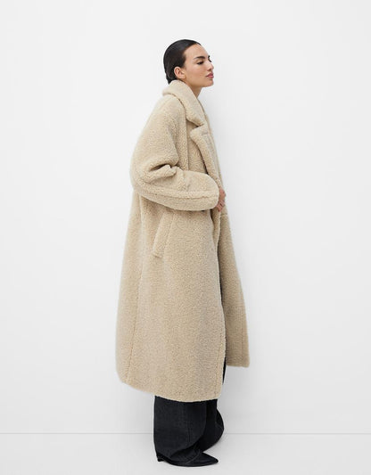 Damen Teddy-Langmantel mit Reverskragen