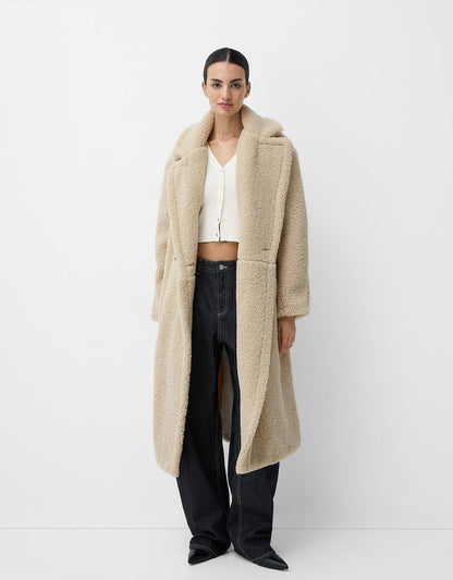 Damen Teddy-Langmantel mit Reverskragen