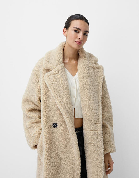 Damen Teddy-Langmantel mit Reverskragen