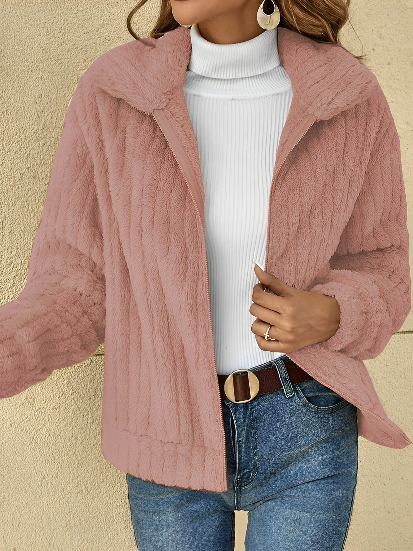 Damen Strukturiertes Zip-Up-Jacke mit lockerer Passform
