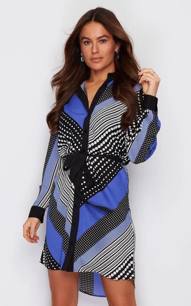 Rachelle | Langärmliges Hemdkleid mit grafischem Muster und Taillengürtel