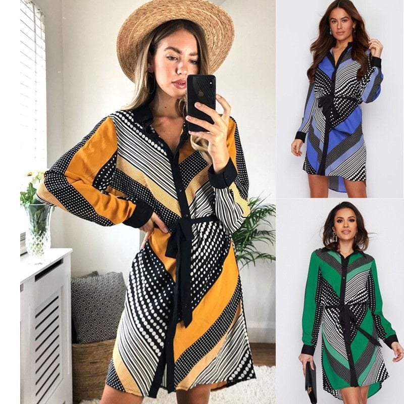 Rachelle | Langärmliges Hemdkleid mit grafischem Muster und Taillengürtel
