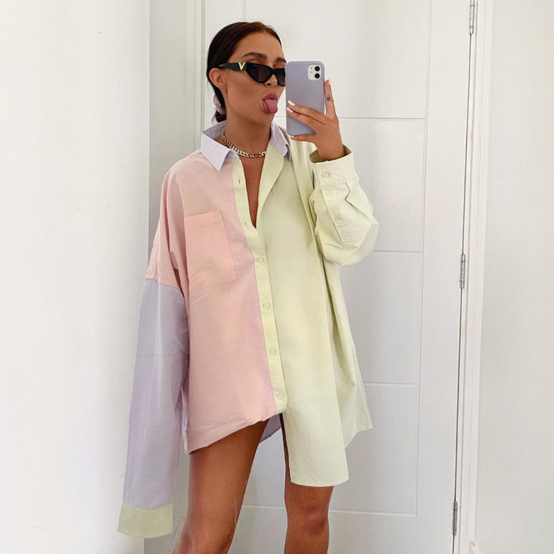 Carla | Oversized Hemdkleid im Colorblock-Stil mit Brusttasche