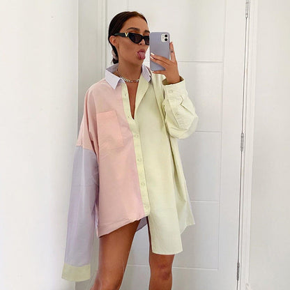 Carla | Oversized Hemdkleid im Colorblock-Stil mit Brusttasche