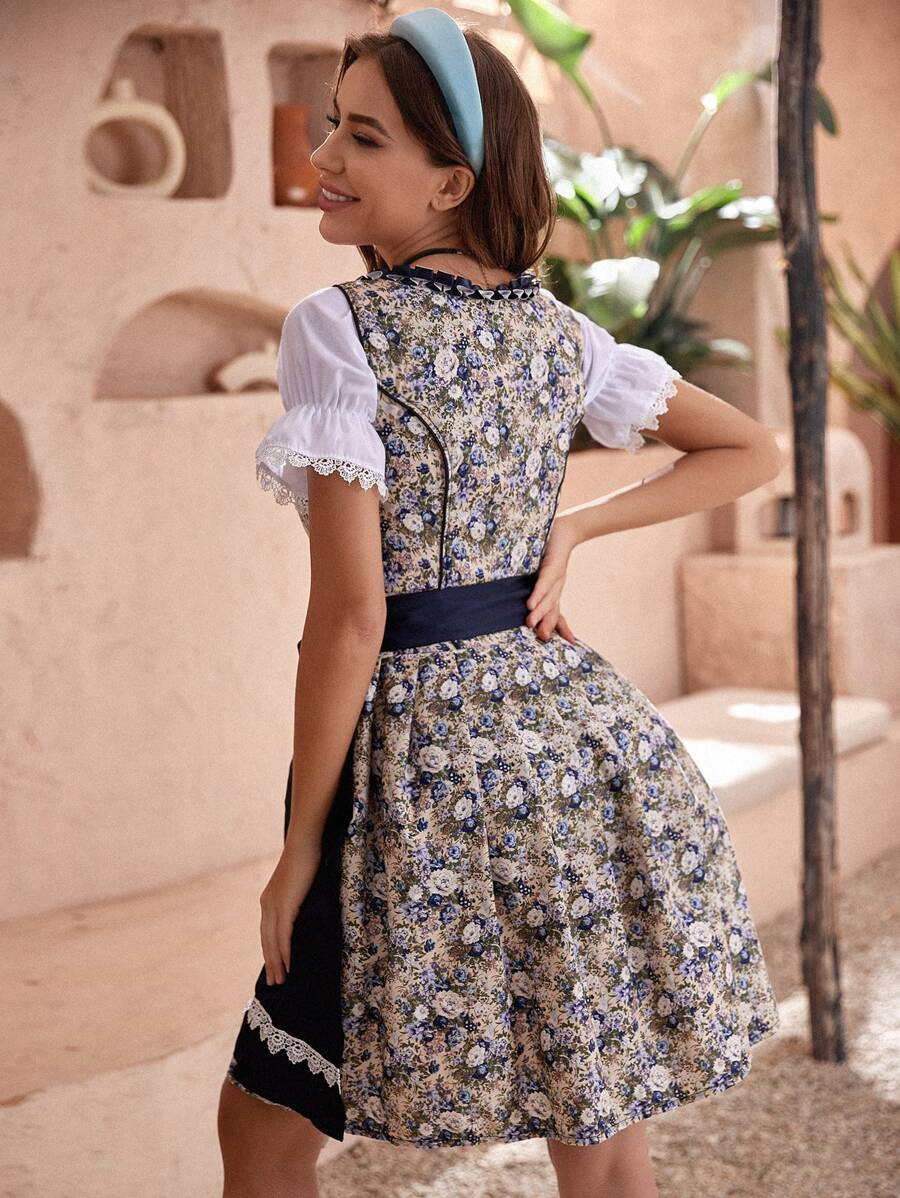 Oktoberfest Dirndlkleid für Damen mit Blumenmuster, Schürze und Spitze