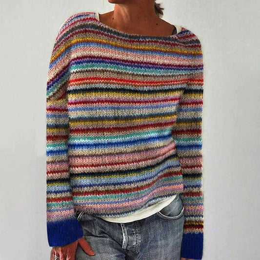 Mila - Damen Strickpullover bunt gestreift mit Rundhalsausschnitt