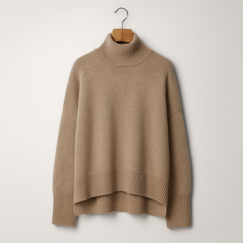 Dunkelgrauer Rollkragenpullover und gerippter Rock aus Kaschmir, kombiniert mit schwarzen Stiefeln. Elegante Damenmode, Herbst/Winter-Trend.