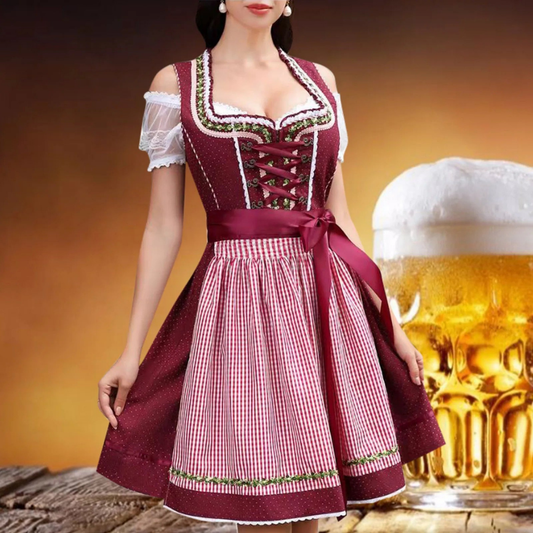 Oktoberfest Dirndlkleid für Damen mit Blumenborte und Karoschürze