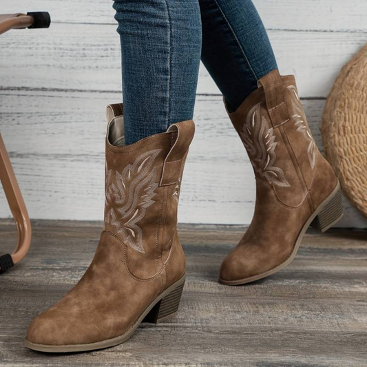Western-Stiefeletten mit Stickerei und Blockabsatz