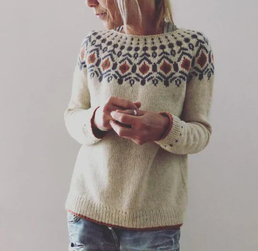 Freya - Damen Strickpullover mit Rundhalsausschnitt und Print