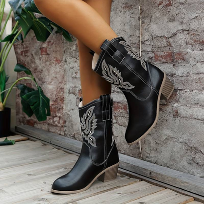 Western-Stiefeletten mit Stickerei und Blockabsatz