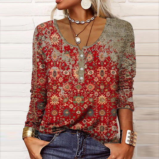 Damen-Langarmshirt mit Ethnomuster und Knopfleiste