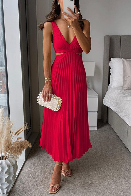 Plissiertes Midikleid mit Cut-Out und V-Ausschnitt