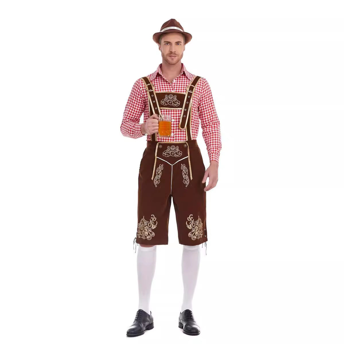 Oktoberfest Herren-Lederhosenset mit rotkariertem Hemd