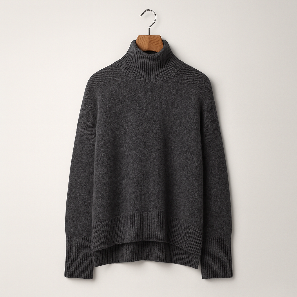 Damen-Outfit in Graphit: Strickpullover mit Rollkragen und langer, gerippter Rock. Perfekt für Herbstmode, stilvoll und gemütlich.
