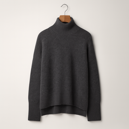 Damen-Outfit in Graphit: Strickpullover mit Rollkragen und langer, gerippter Rock. Perfekt für Herbstmode, stilvoll und gemütlich.