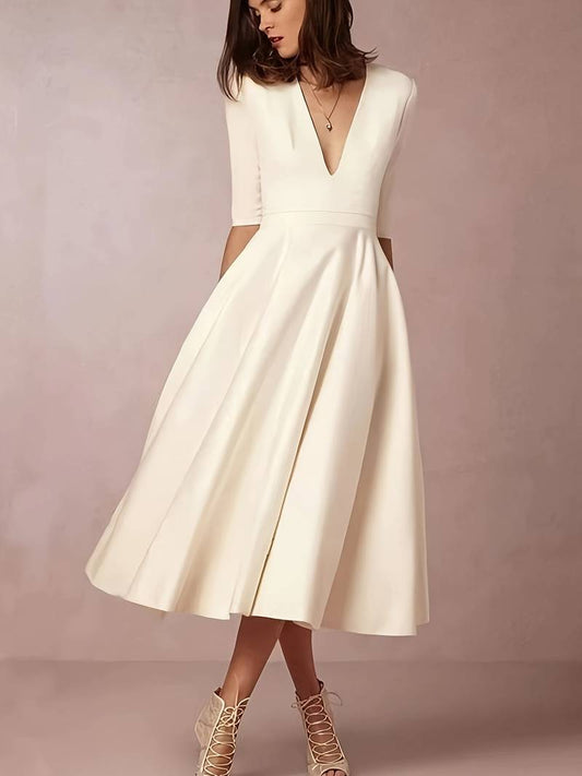Damen-Midikleid mit Dreiviertelärmeln und tiefem V-Ausschnitt