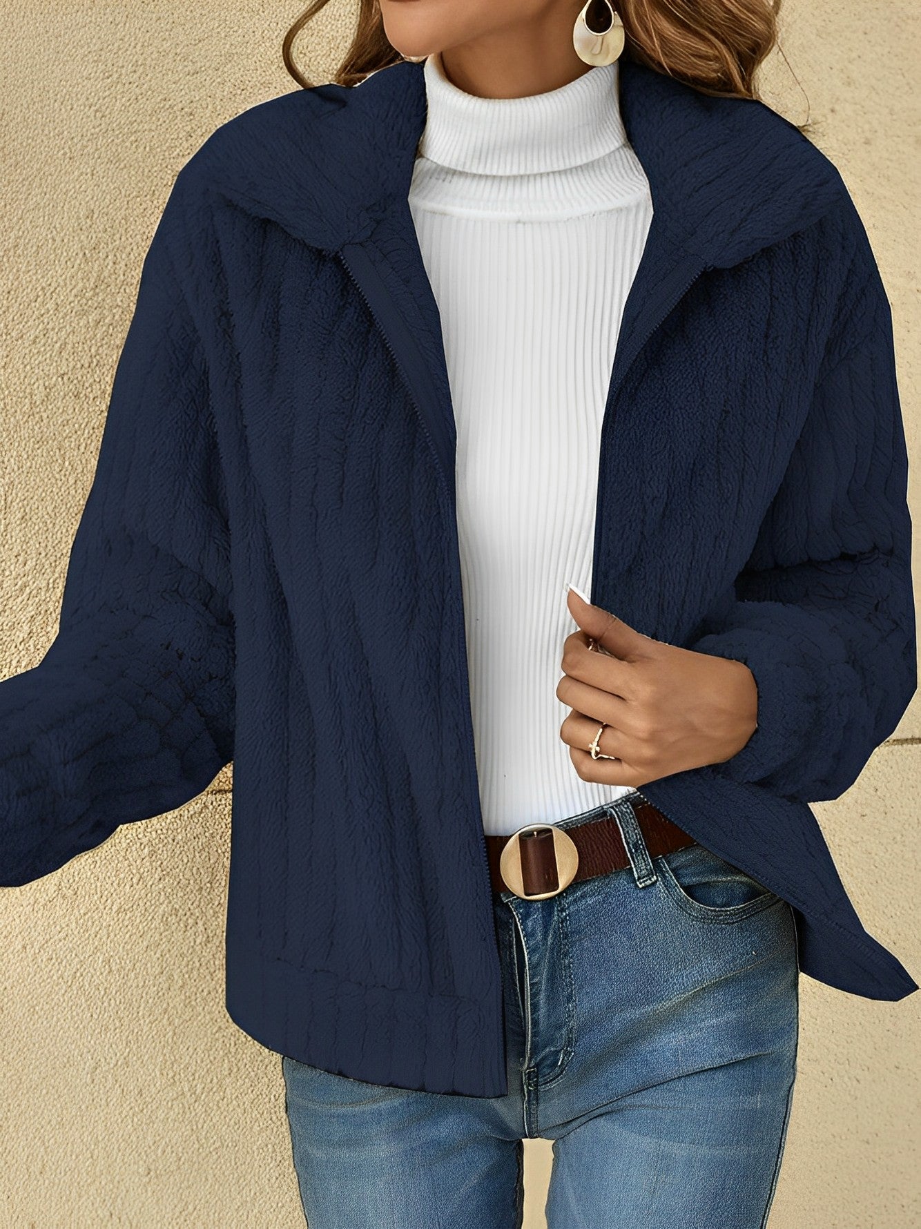 Damen Strukturiertes Zip-Up-Jacke mit lockerer Passform