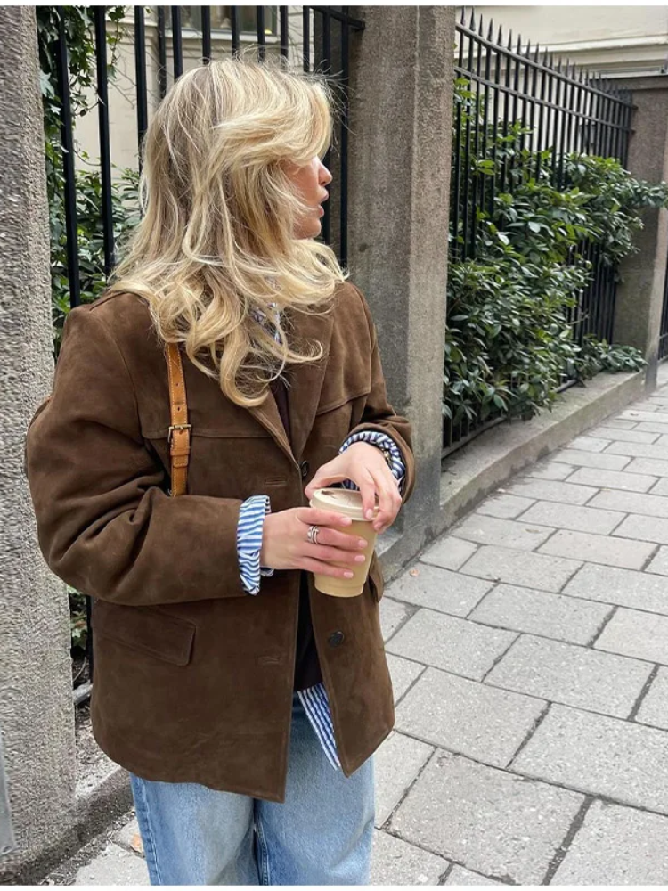 Aria – Damen Wildlederjacke Oversize mit Reverskragen