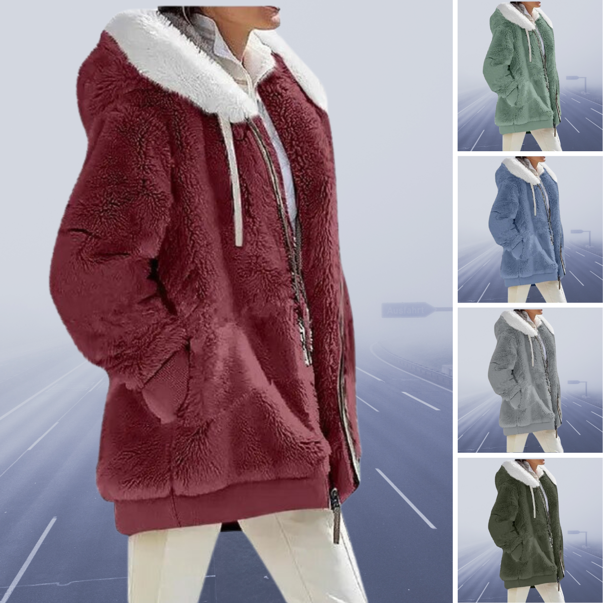 Helena - Damen Teddyjacke mit Kapuze und Fellkragen
