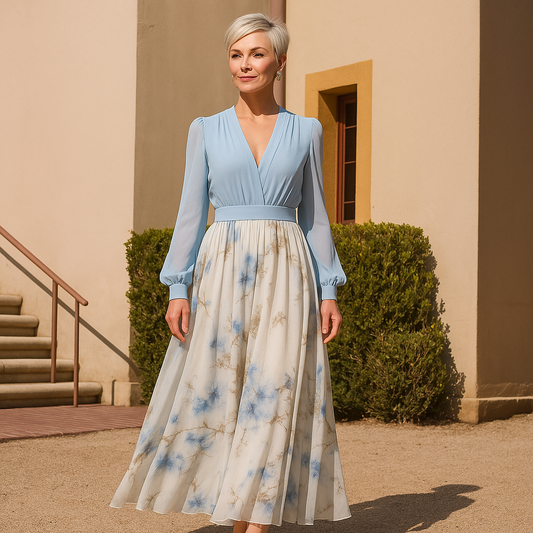 Chiffonkleid mit langen Ärmeln und plissiertem rock