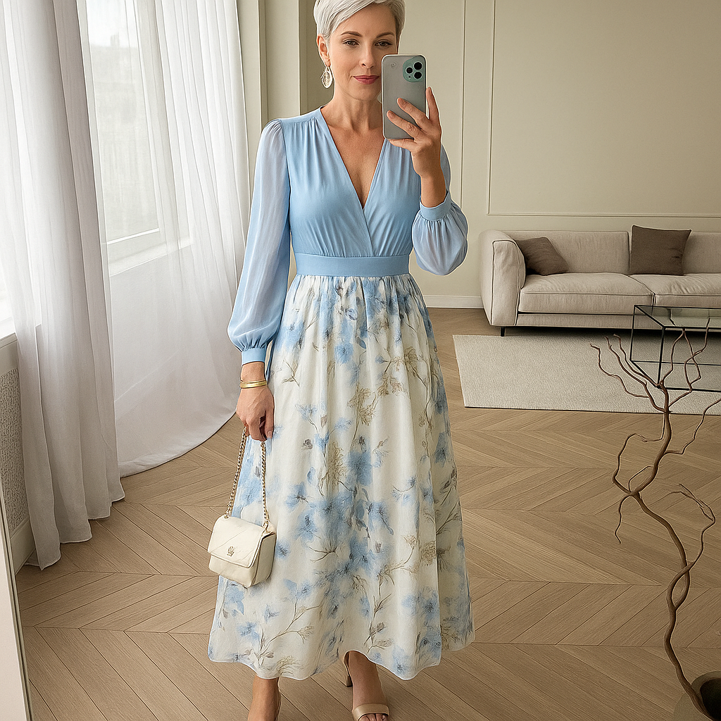 Chiffonkleid mit langen Ärmeln und plissiertem rock