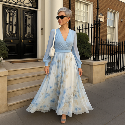 Chiffonkleid mit langen Ärmeln und plissiertem rock