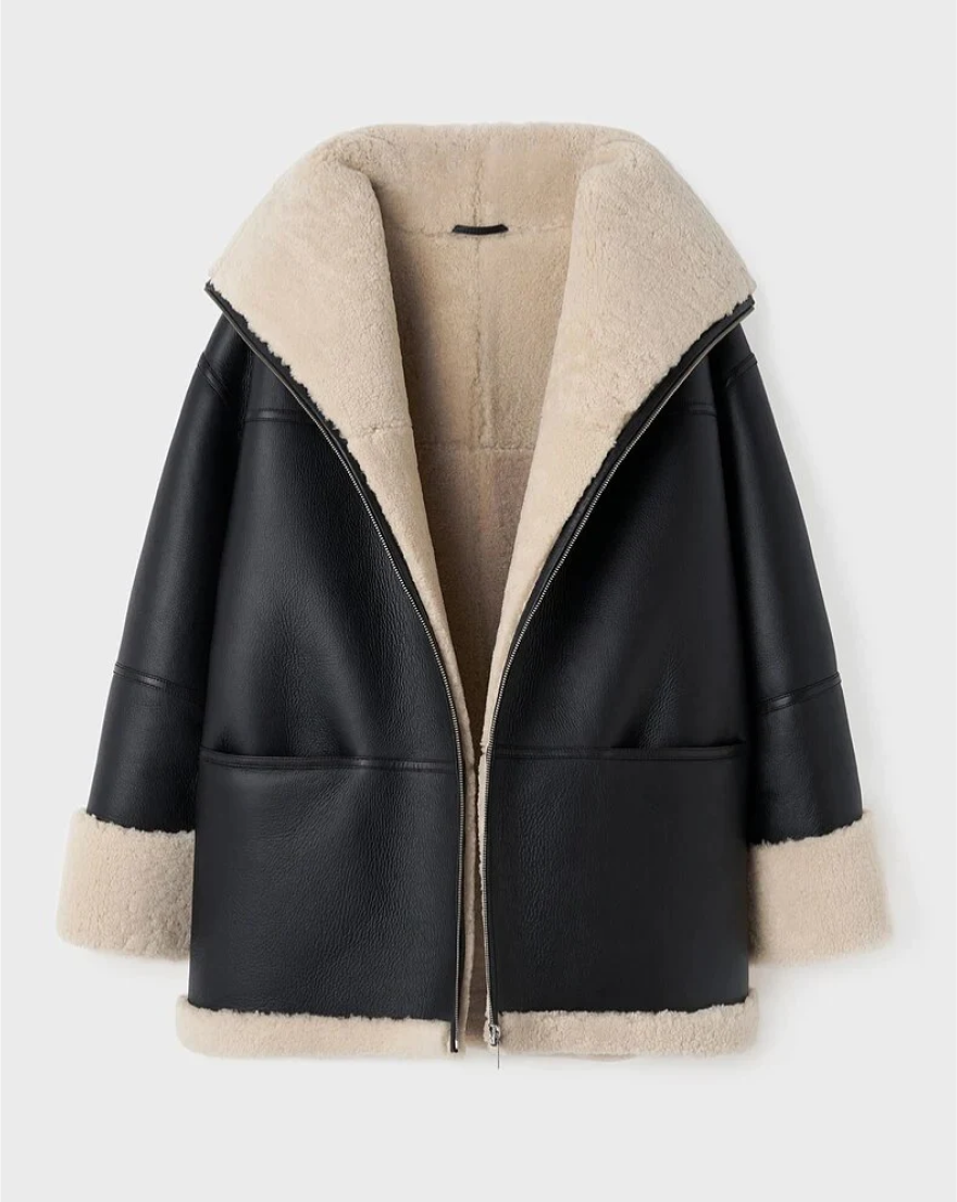Übergroße Damen-Aviatorjacke mit Lammfellfutter