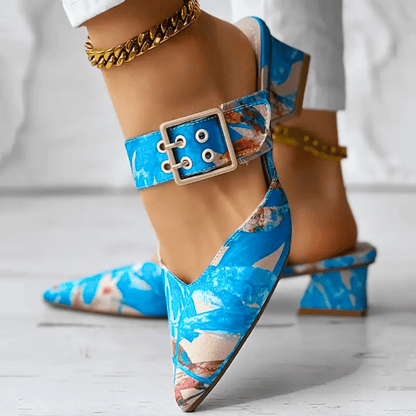 Modische Damen-Mules mit Blockabsatz und floralem Muster