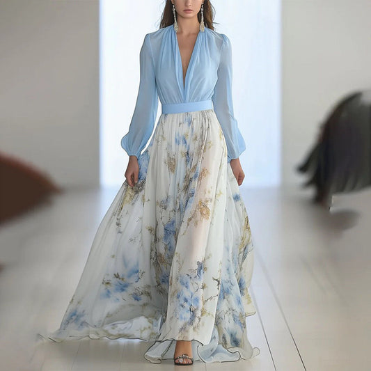 Elegantes Maxikleid mit tiefem V-Ausschnitt und Blumenmuster